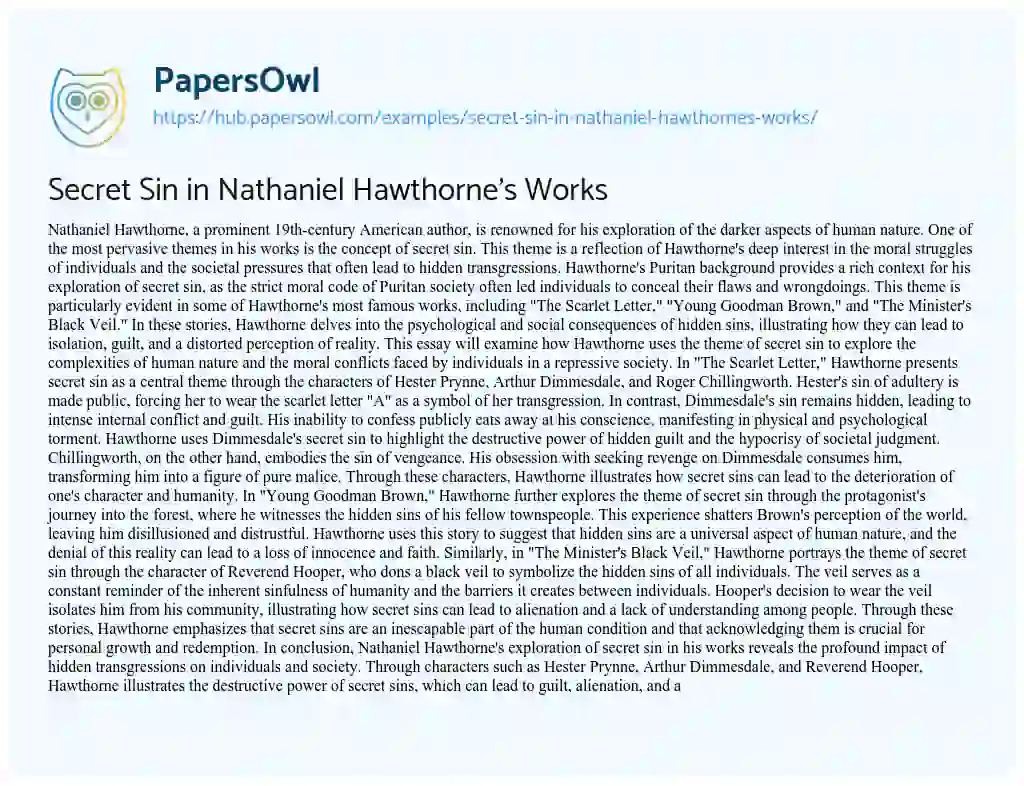 Essay on Secret Sin in Nathaniel Hawthorne’s Works