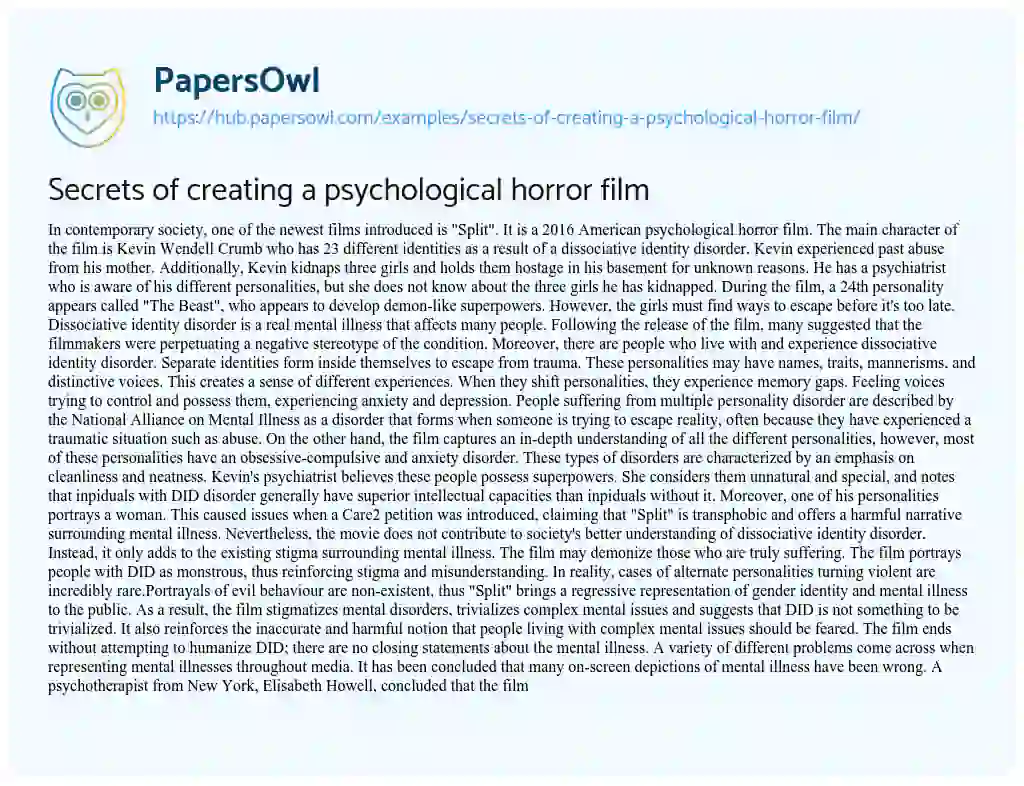 Essay on Secrets of creating a psychological horror film