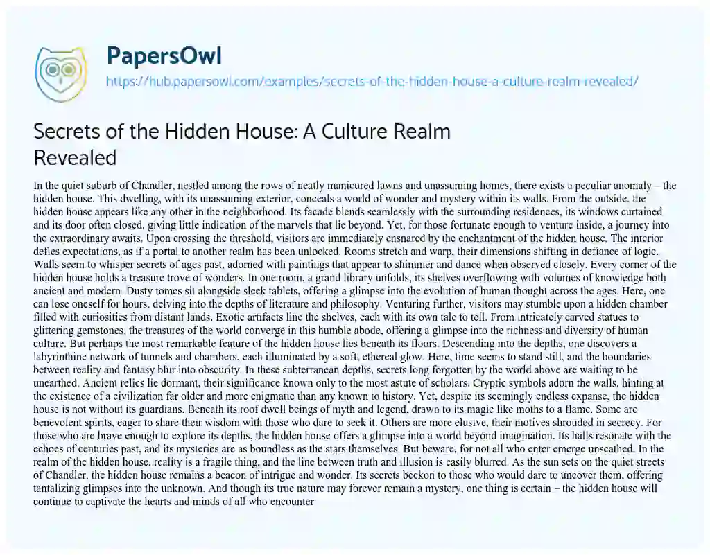 Essay on Secrets of the Hidden House: A Culture Realm Revealed