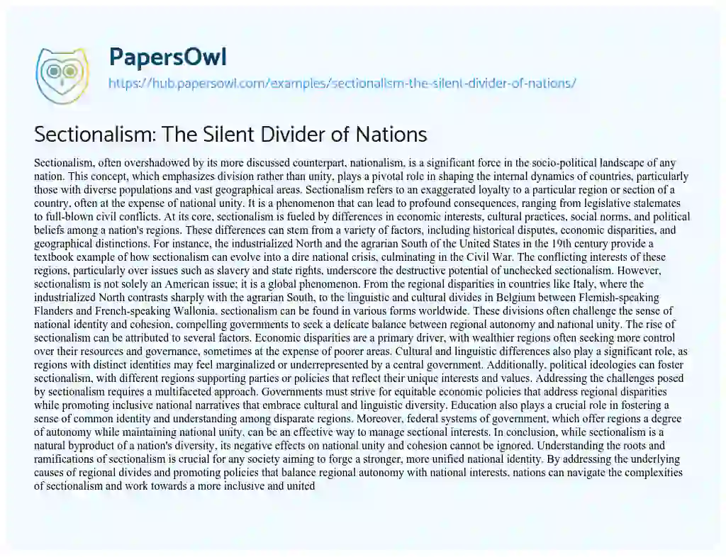 Essay on Sectionalism: The Silent Divider of Nations