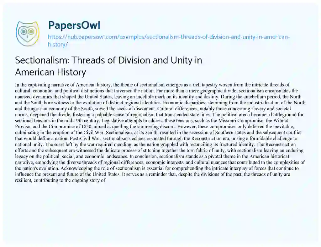 Essay on Sectionalism: Threads of Division and Unity in American History