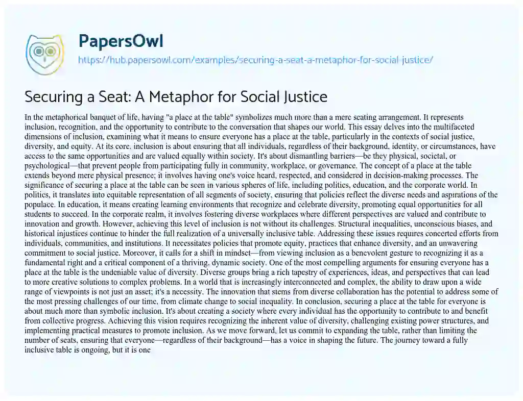 Essay on Securing a Seat: A Metaphor for Social Justice