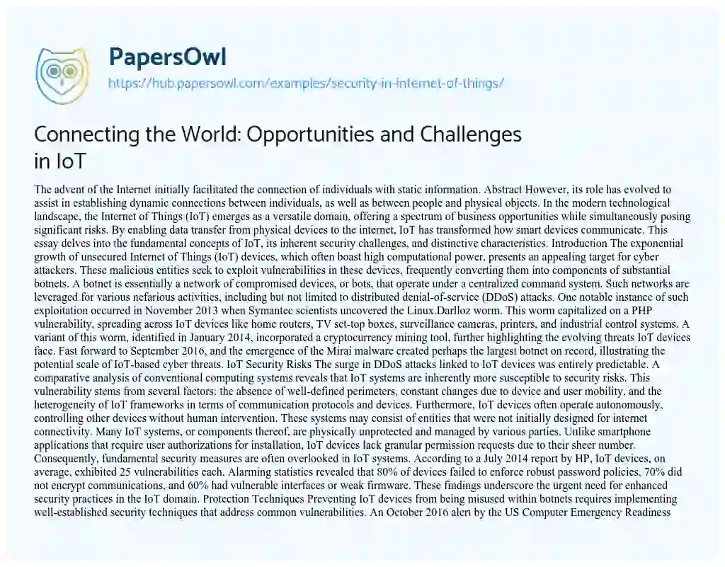 Essay on Connecting the World: Opportunities and Challenges in IoT