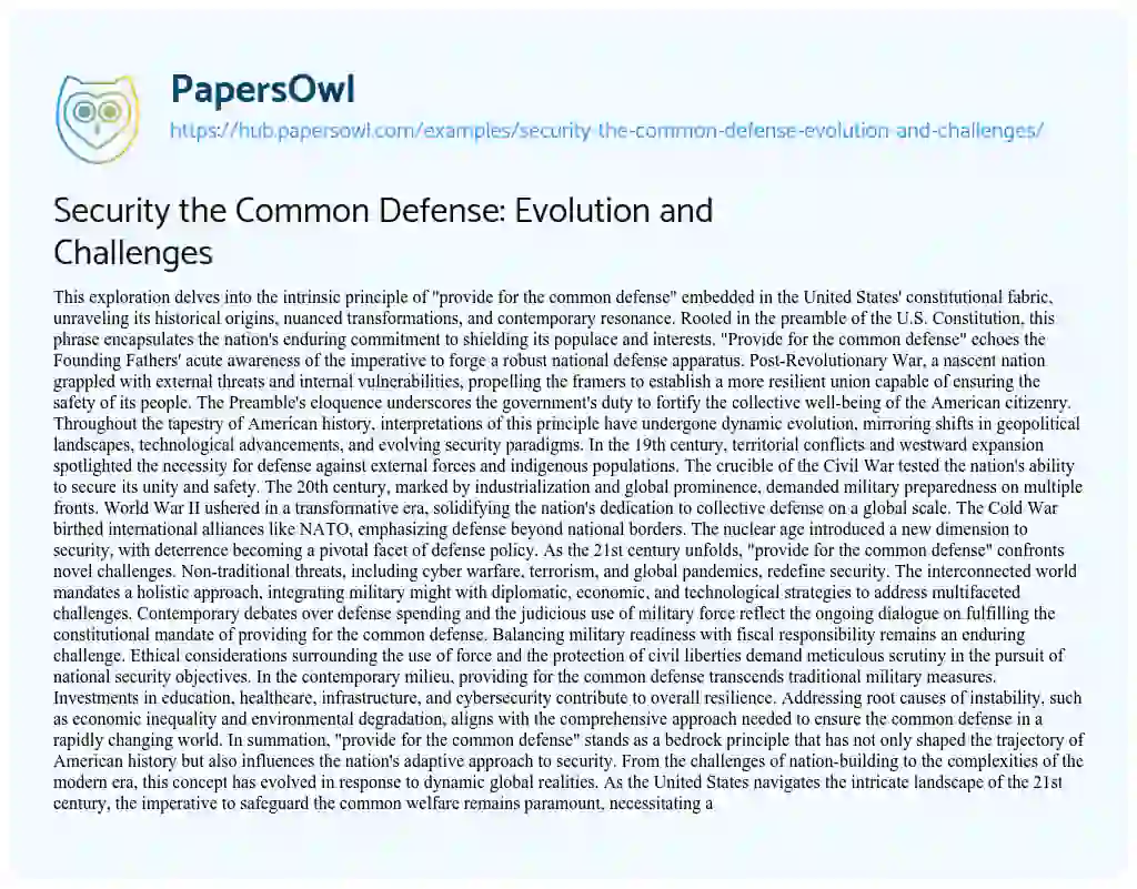 Essay on Security the Common Defense: Evolution and Challenges