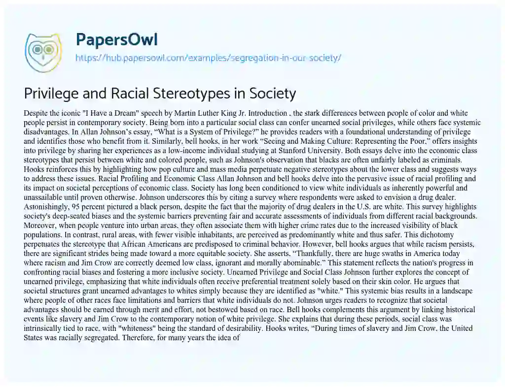 Essay on Privilege and Racial Stereotypes in Society