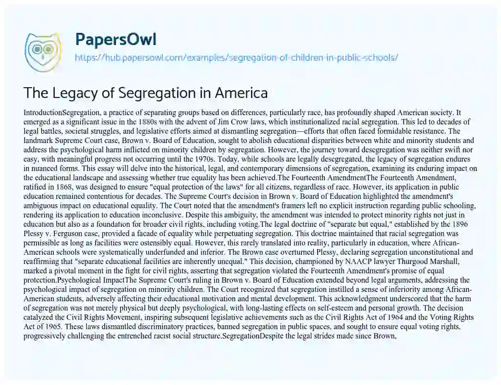 Essay on The Legacy of Segregation in America