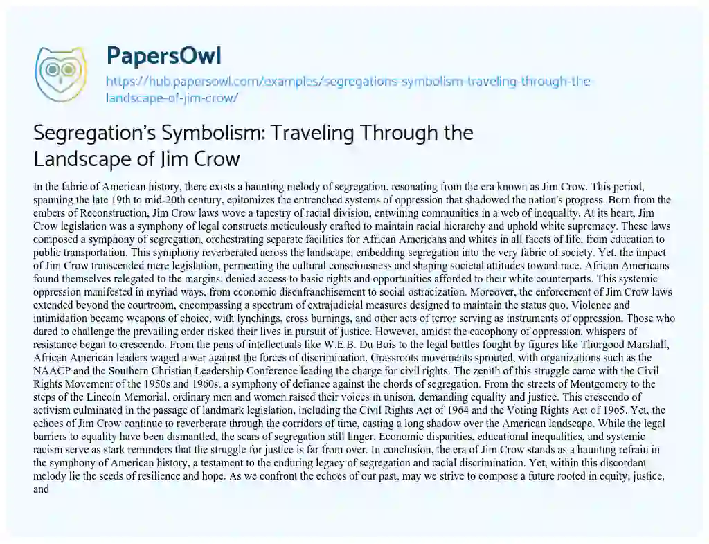 Essay on Segregation’s Symbolism: Traveling Through the Landscape of Jim Crow
