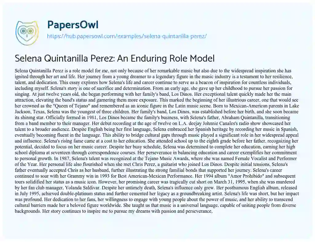 Essay on Selena Quintanilla Perez: An Enduring Role Model
