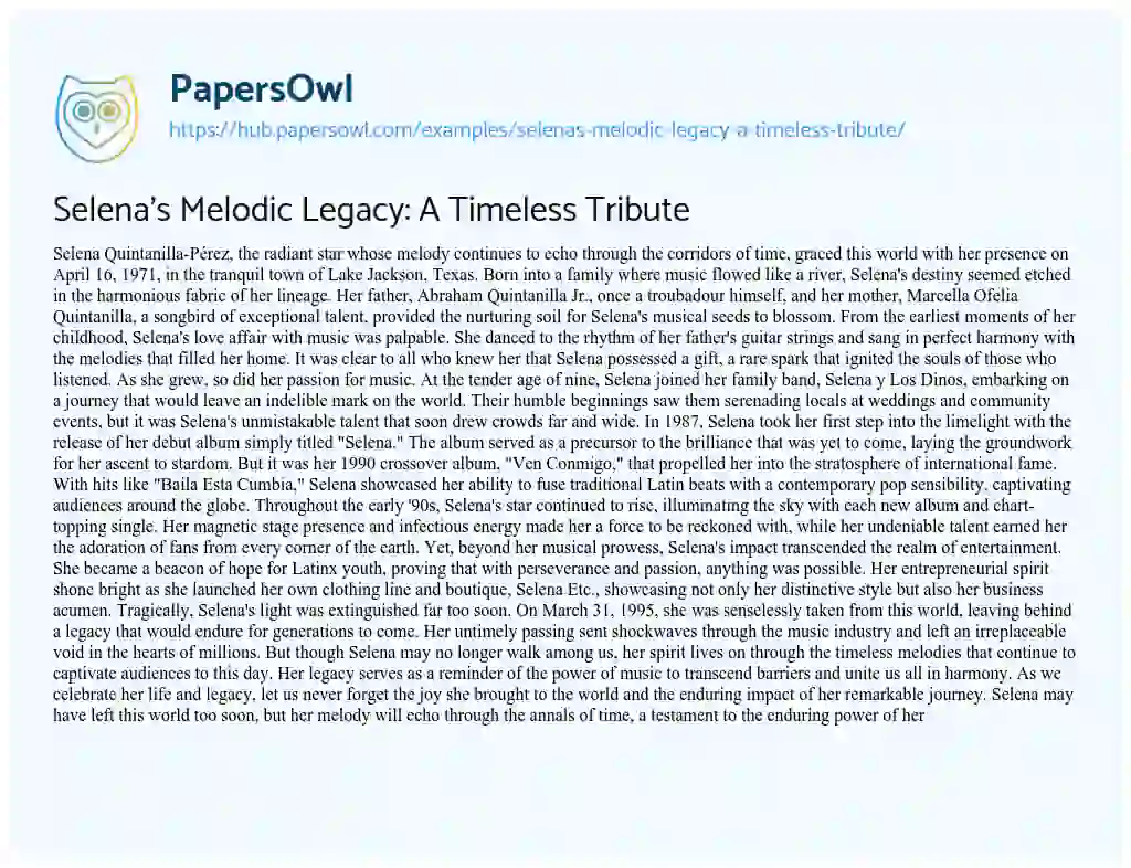 Essay on Selena’s Melodic Legacy: A Timeless Tribute