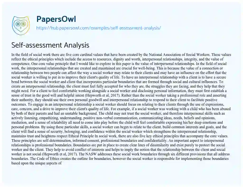 Essay on Self-assessment Analysis