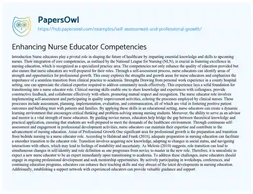 Essay on Enhancing Nurse Educator Competencies