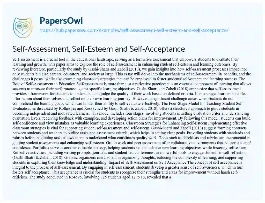 Essay on Self-Assessment, Self-Esteem and Self-Acceptance