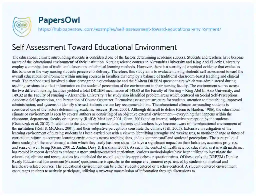 Essay on Self Assessment Toward Educational Environment