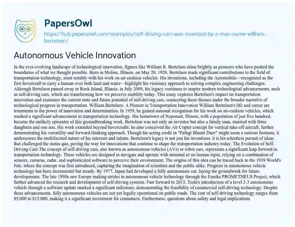 Essay on Autonomous Vehicle Innovation