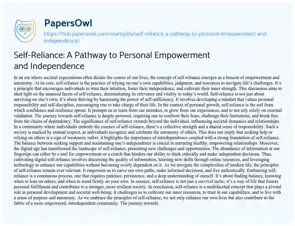 Essay on Self-Reliance: A Pathway to Personal Empowerment and Independence