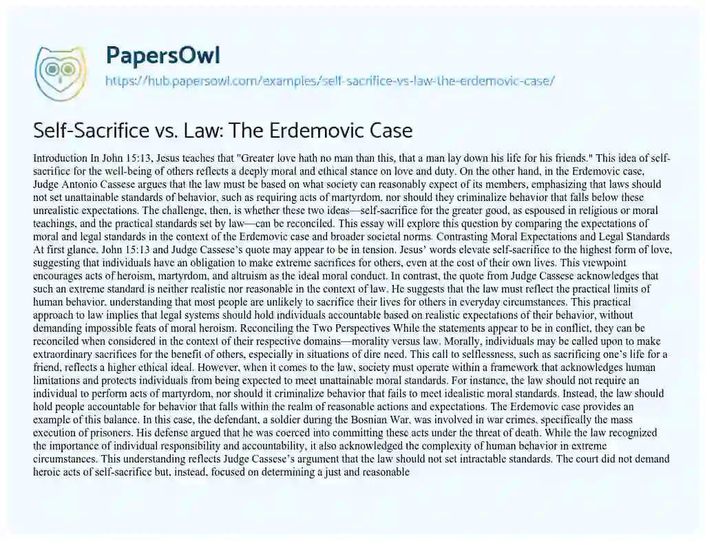 Essay on Self-Sacrifice vs. Law: The Erdemovic Case
