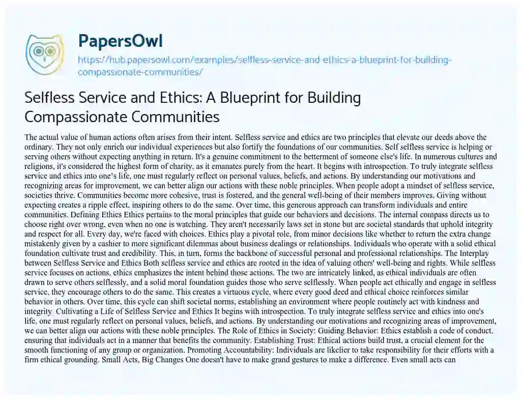 Essay on Selfless Service and Ethics: A Blueprint for Building Compassionate Communities