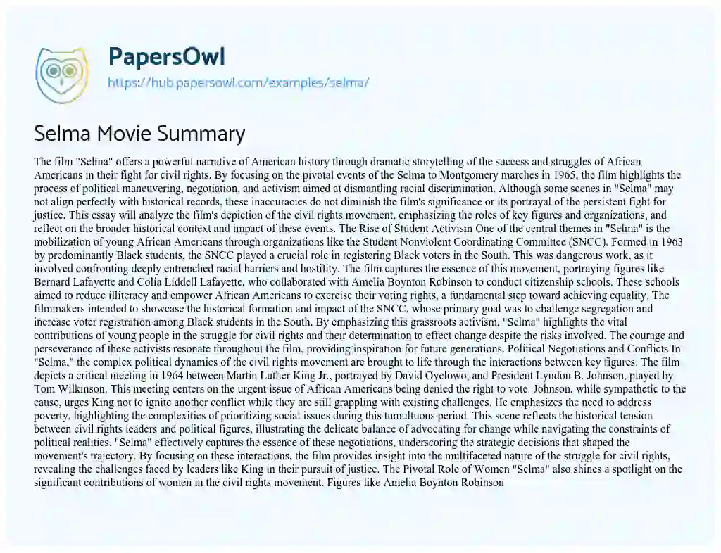 Essay on Selma Movie Summary