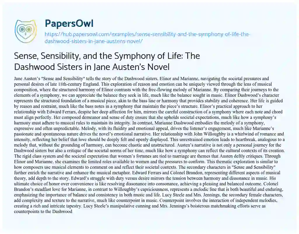 Essay on Sense, Sensibility, and the Symphony of Life: The Dashwood Sisters in Jane Austen’s Novel