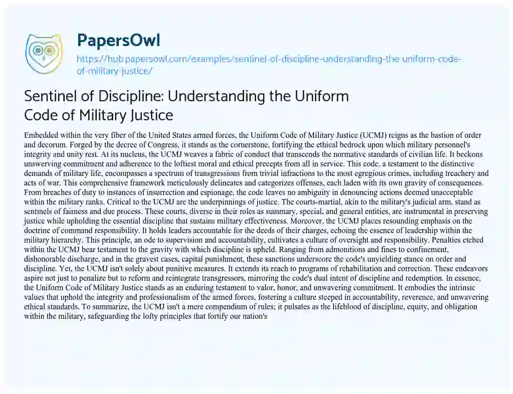 Essay on Sentinel of Discipline: Understanding the Uniform Code of Military Justice