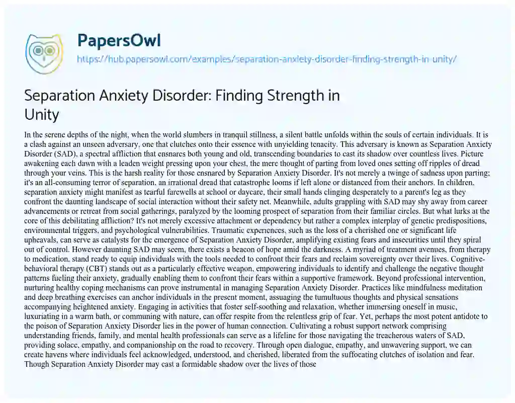 Essay on Separation Anxiety Disorder: Finding Strength in Unity