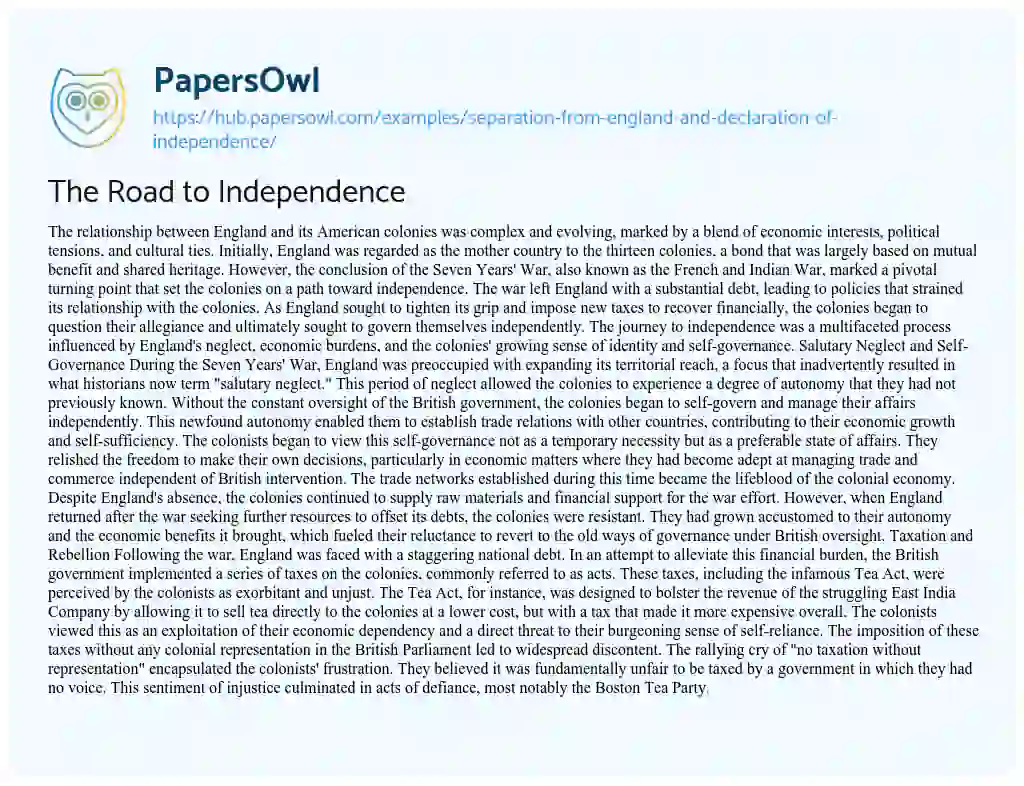 Essay on The Road to Independence