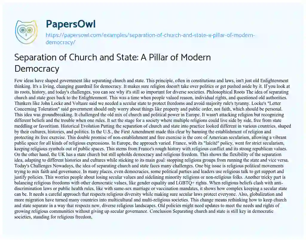 Essay on Separation of Church and State: A Pillar of Modern Democracy