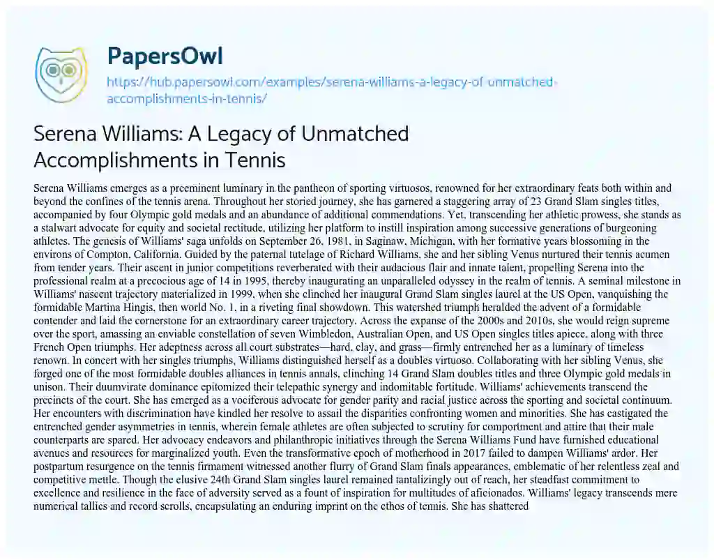 Essay on Serena Williams: A Legacy of Unmatched Accomplishments in Tennis