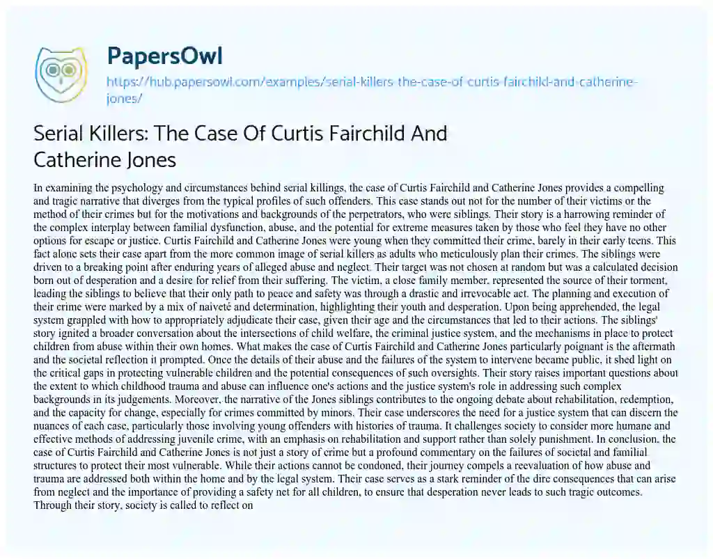 Essay on Serial Killers: The Case Of Curtis Fairchild And Catherine Jones