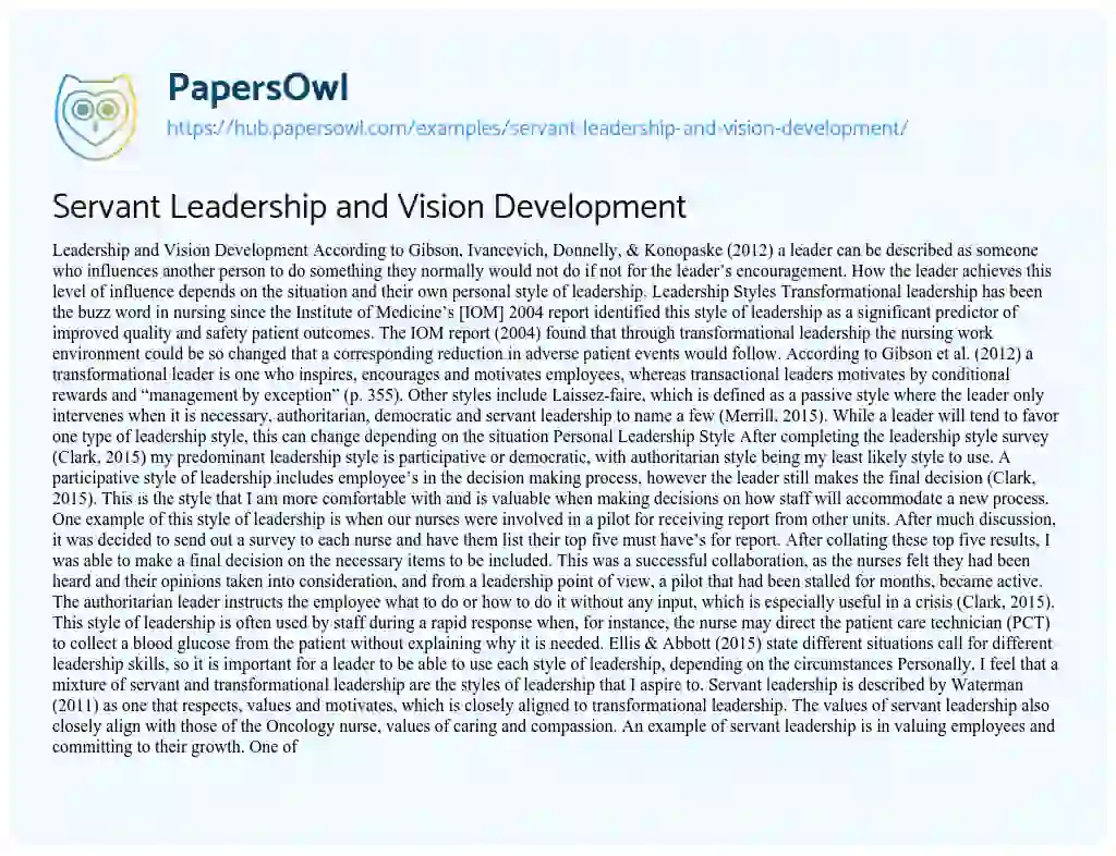 Essay on Servant Leadership and Vision Development