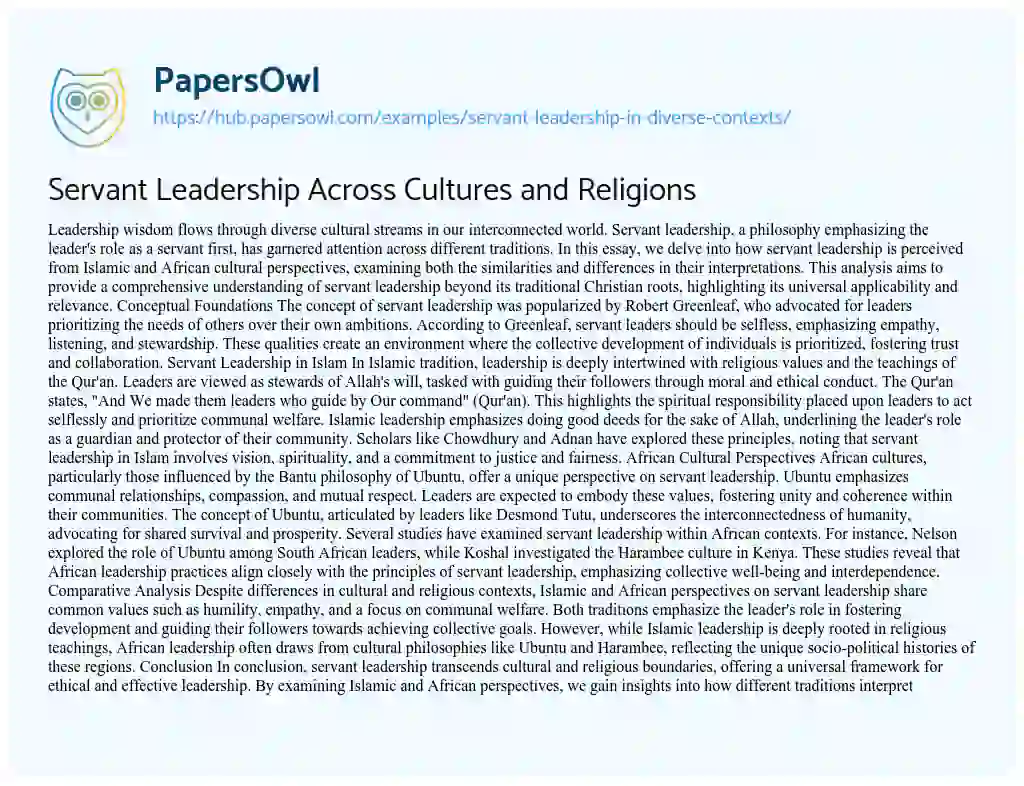Essay on Servant Leadership Across Cultures and Religions