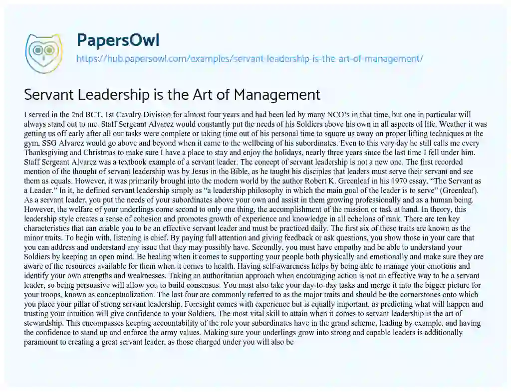 Essay on Servant Leadership is the Art of Management