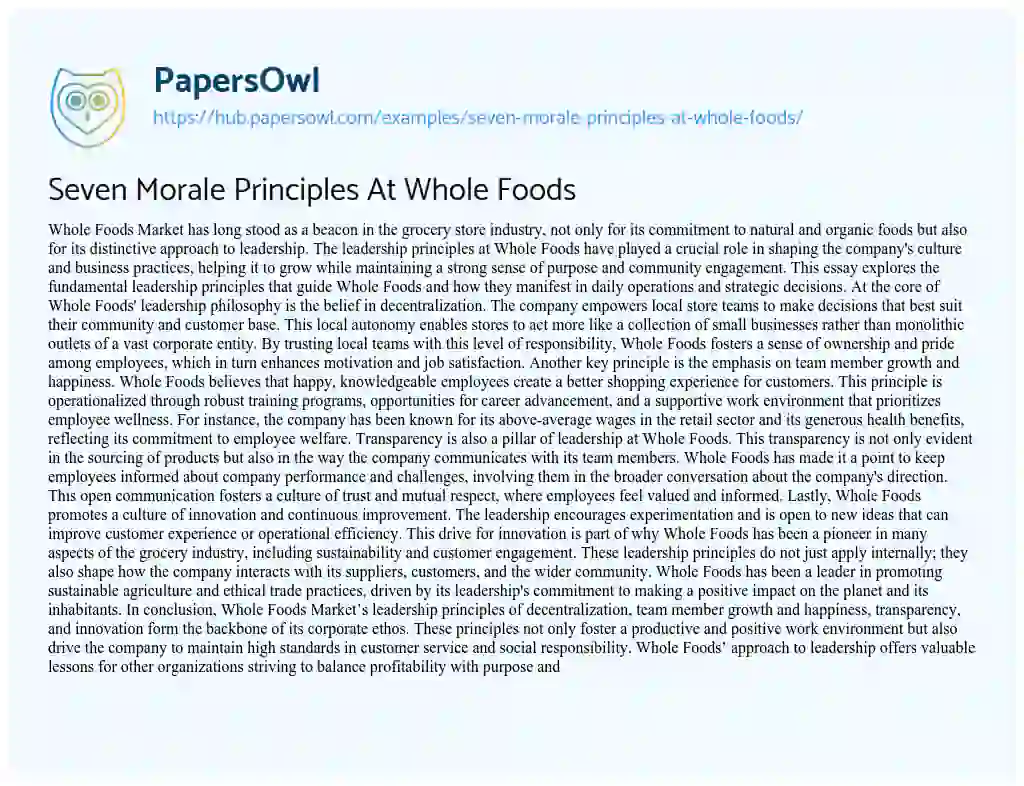 Essay on Seven Morale Principles At Whole Foods