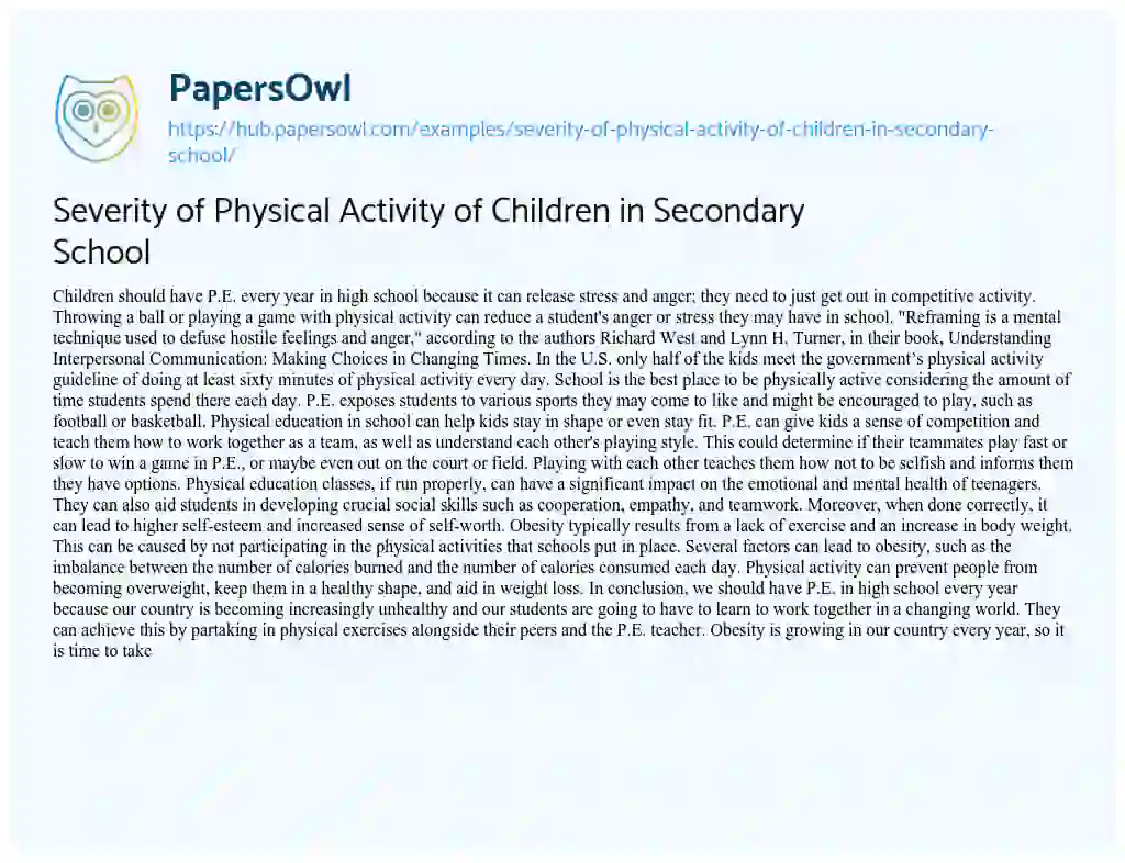 Essay on Severity of Physical Activity of Children in Secondary School