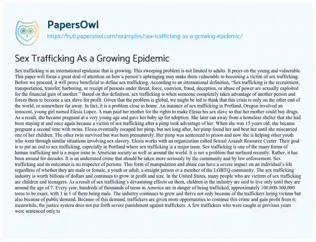 Essay on Sex Trafficking As a Growing Epidemic