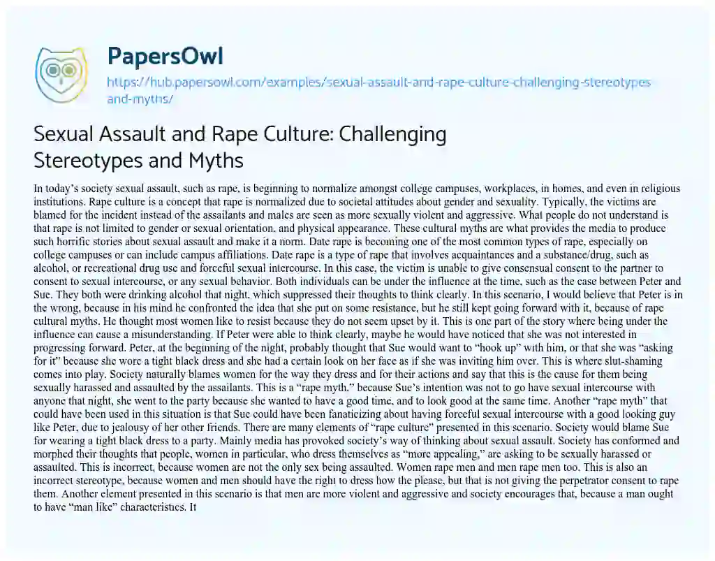 Essay on Sexual Assault and Rape Culture: Challenging Stereotypes and Myths