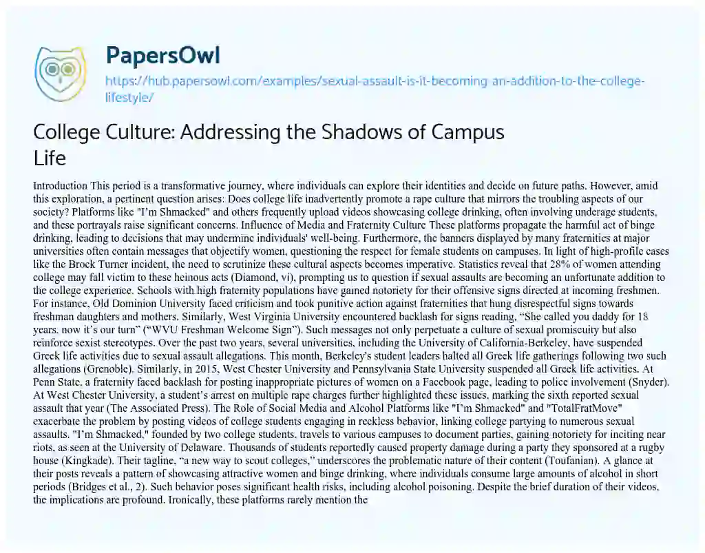 Essay on College Culture: Addressing the Shadows of Campus Life