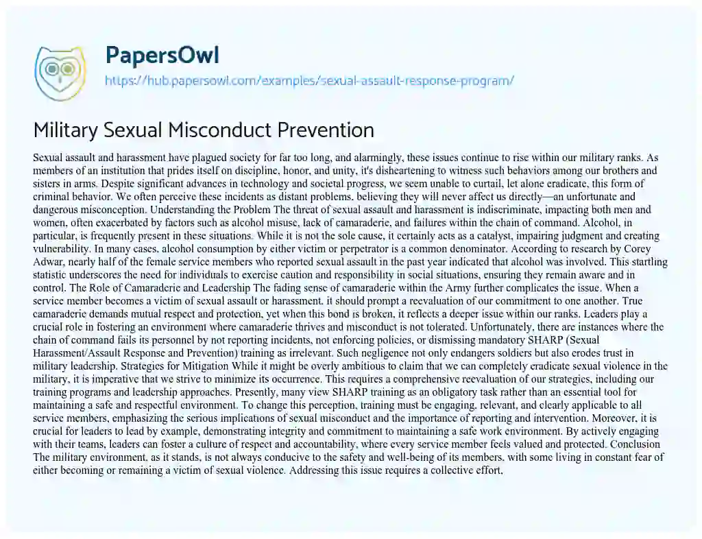 Essay on Military Sexual Misconduct Prevention