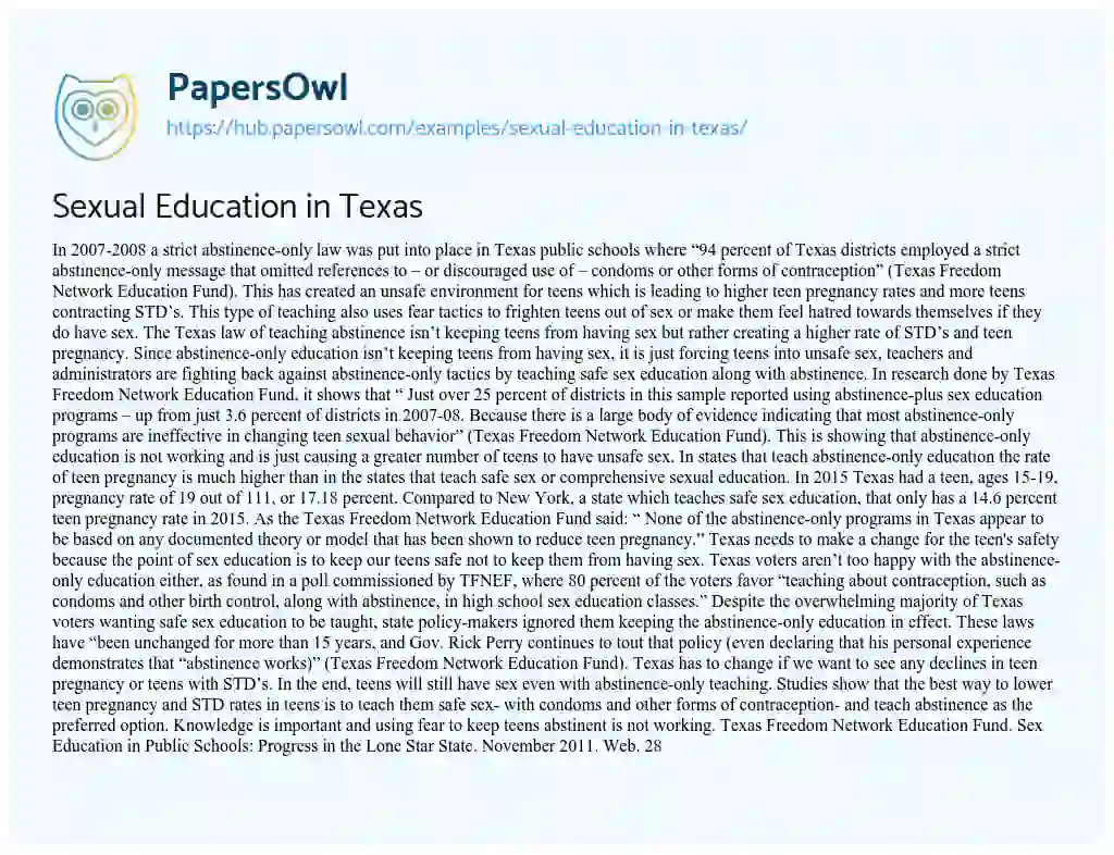 Essay on Sexual Education in Texas