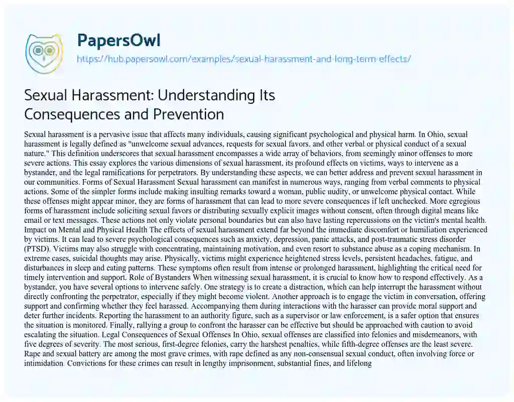 Essay on Sexual Harassment: Understanding Its Consequences and Prevention