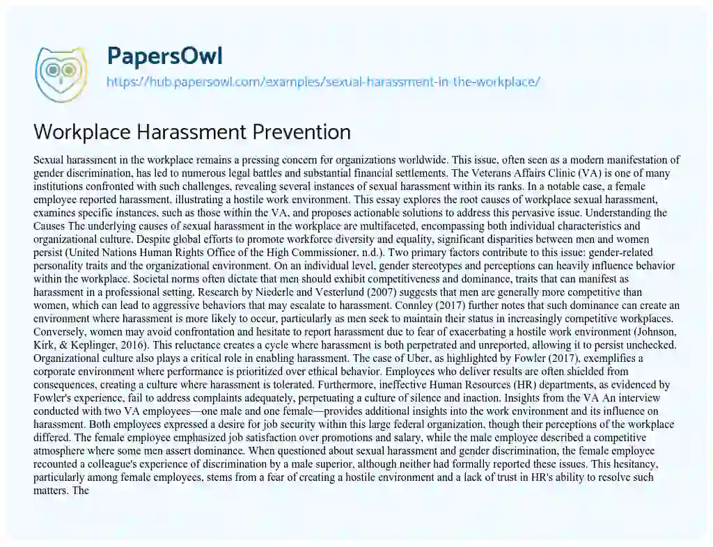 Essay on Workplace Harassment Prevention