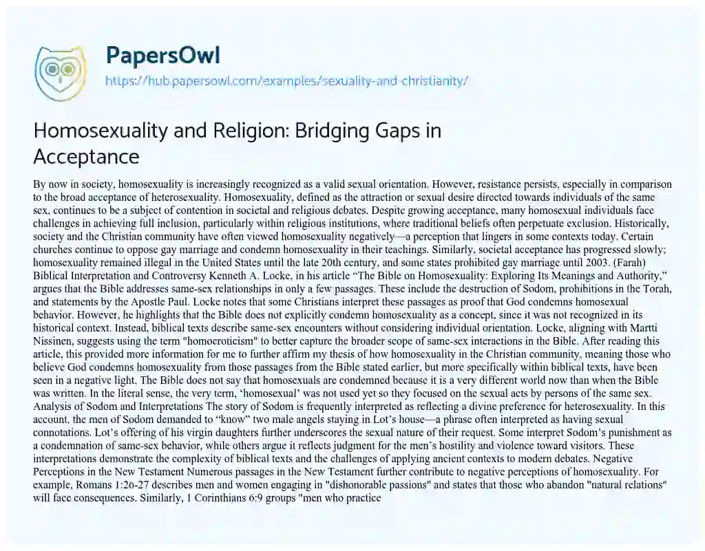 Essay on Homosexuality and Religion: Bridging Gaps in Acceptance