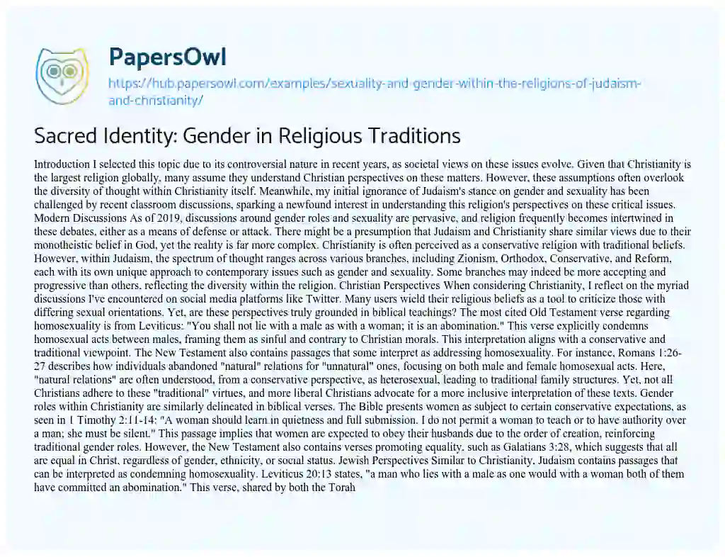 Essay on Sacred Identity: Gender in Religious Traditions