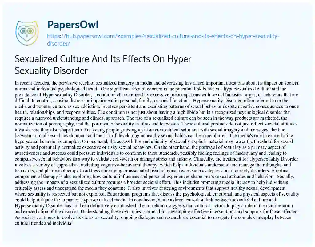 Essay on Sexualized Culture And Its Effects On Hyper Sexuality Disorder