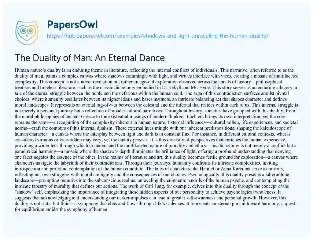 Essay on The Duality of Man: An Eternal Dance