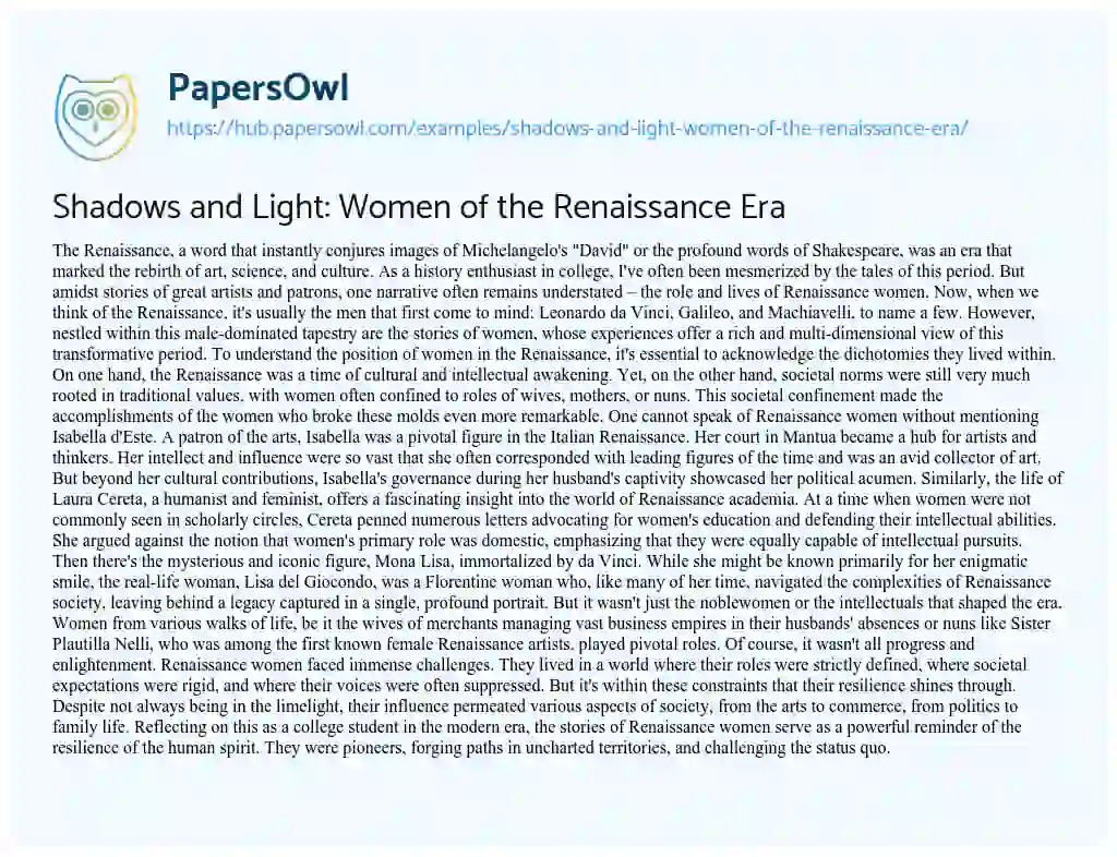 Essay on Shadows and Light: Women of the Renaissance Era