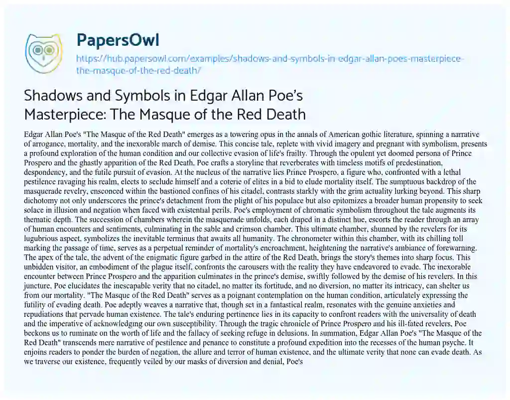Essay on Shadows and Symbols in Edgar Allan Poe’s Masterpiece: The Masque of the Red Death