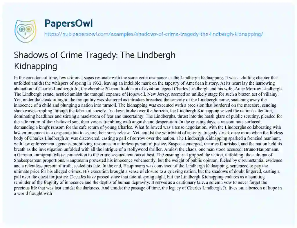 Essay on Shadows of Crime Tragedy: The Lindbergh Kidnapping