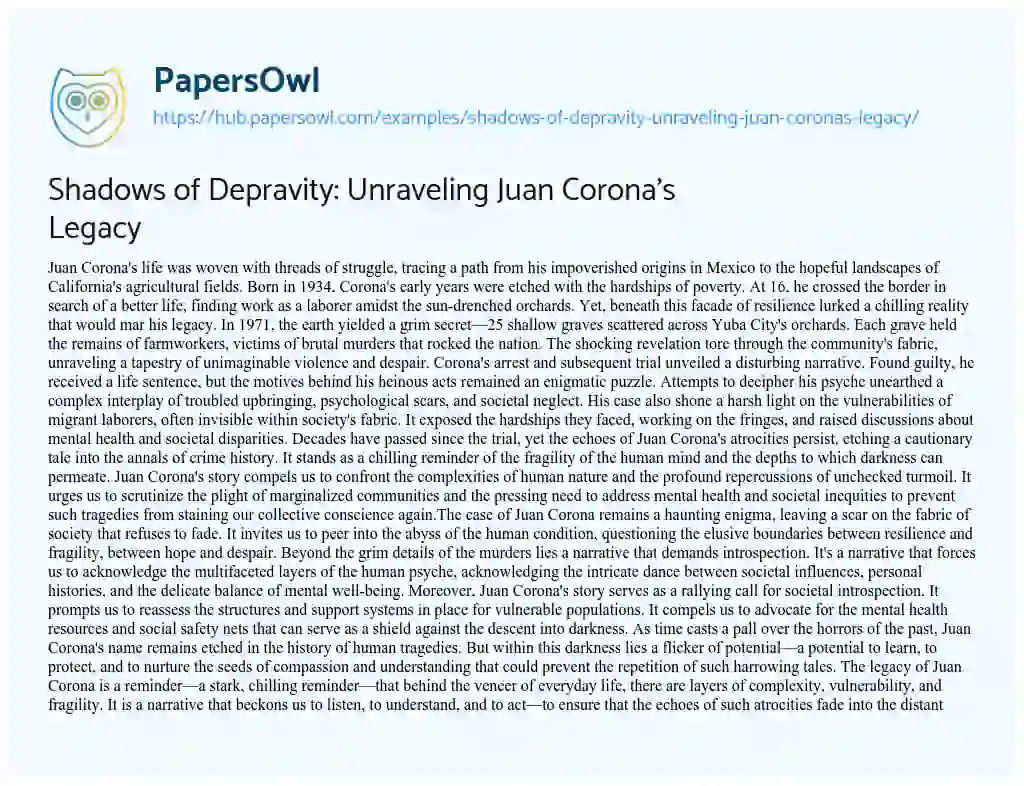 Essay on Shadows of Depravity: Unraveling Juan Corona’s Legacy