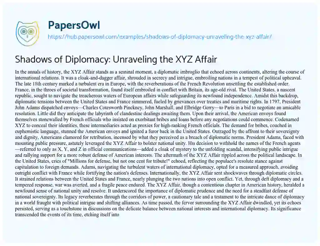 Essay on Shadows of Diplomacy: Unraveling the XYZ Affair